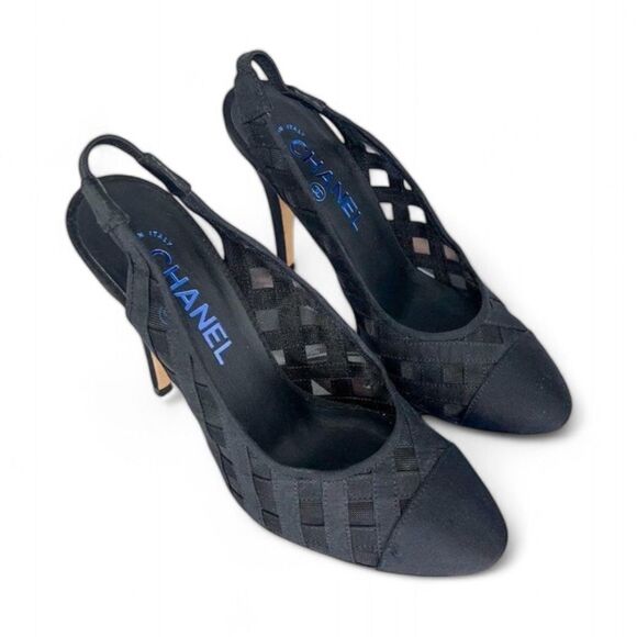 CHANEL Black Diamond Pattern Mesh CC Logo Cap Toe Slingback Sandals Size… - Picture 10 of 16
